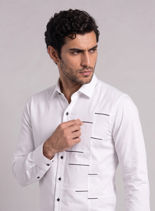 White Cotton Satin Lounge Shirt With Contrast Linear Mix-Match Design