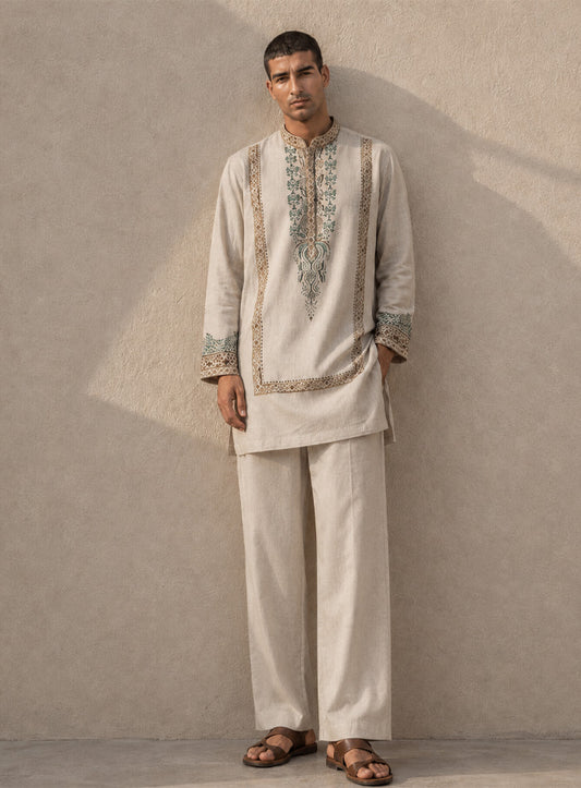 Light Beige Silk Kurta Pajama Set with Print & Embroidery