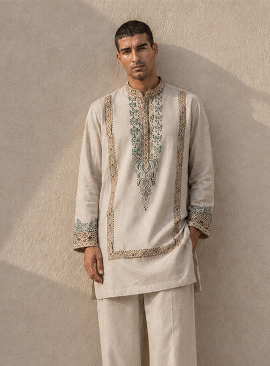 Light Beige Silk Kurta Pajama Set with Print & Embroidery
