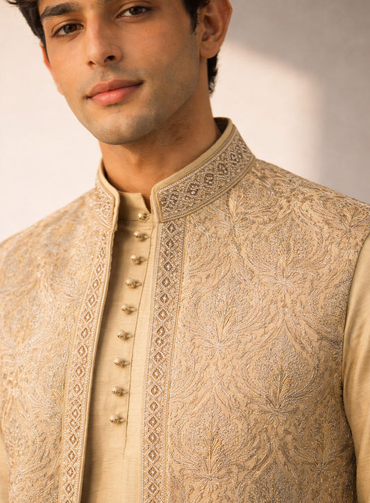 Golden Nawab Top Set in Mustard Silk Fabric with Embroidery