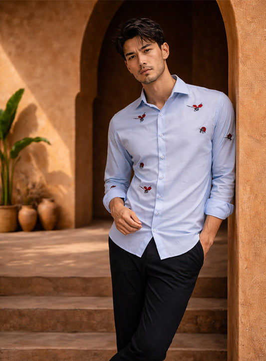 Sky Blue Cotton Satin Party Wear Shirt with Front & Back Tira Embroidery