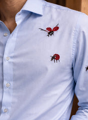 Sky Blue Cotton Satin Party Wear Shirt with Front & Back Tira Embroidery