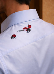 Sky Blue Cotton Satin Party Wear Shirt with Front & Back Tira Embroidery