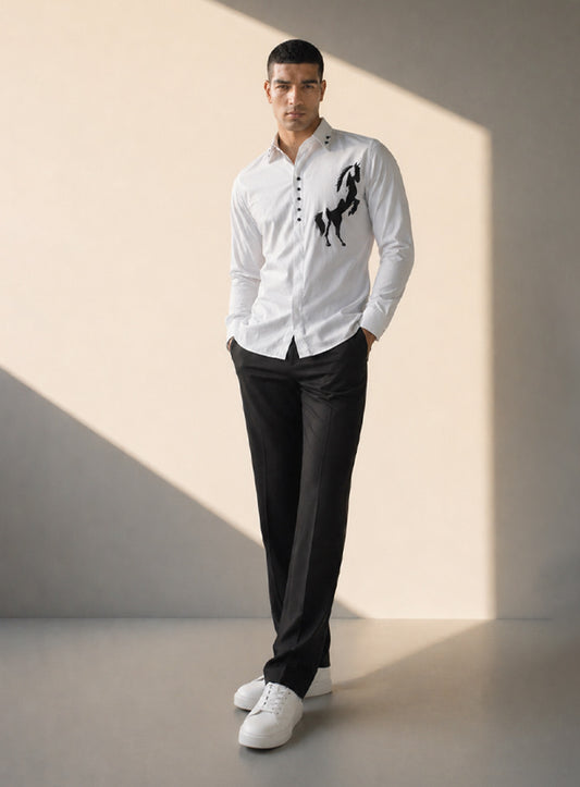 White Cotton Satin Lounge Shirt with Horse Motif Embroidery on Chest and Stud