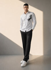 White Cotton Satin Lounge Shirt with Horse Motif Embroidery on Chest and Stud