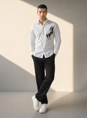 White Cotton Satin Lounge Shirt with Horse Motif Embroidery on Chest and Stud