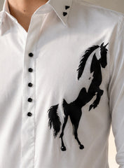 White Cotton Satin Lounge Shirt with Horse Motif Embroidery on Chest and Stud