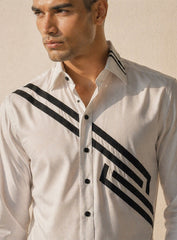White Cotton Satin Lounge Shirt with Mix and Match Design