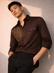 Brown Cotton Satin Party Wear Shirt with Crystal Work