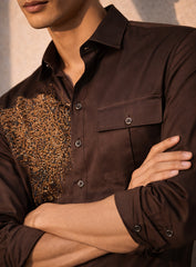 Brown Cotton Satin Party Wear Shirt with Crystal Work