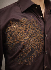 Brown Cotton Satin Party Wear Shirt with Crystal Work