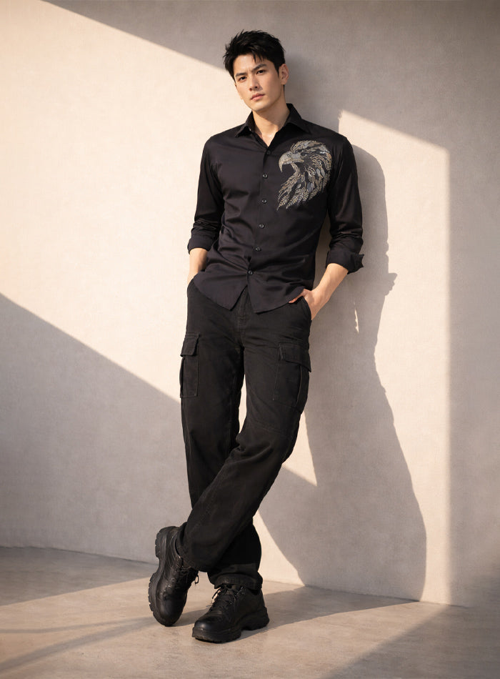 Black Cotton Satin Party Wear Shirt with Eagle Crystal Work