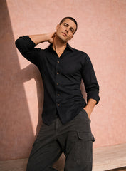 Black Cotton Satin Party Wear Shirt with Panther Crystal Work