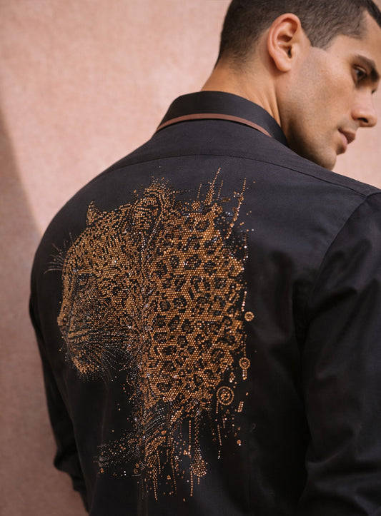 Black Cotton Satin Party Wear Shirt with Panther Crystal Work