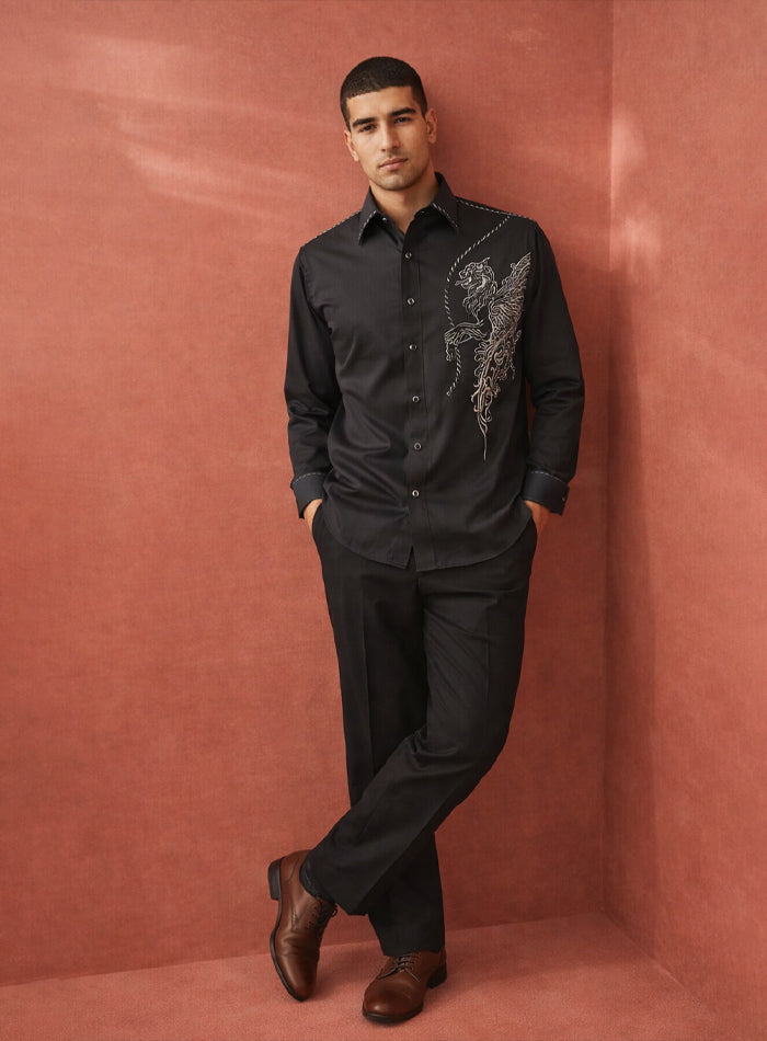 Black Party Wear Shirt in Japanese Fabric with Embroidery