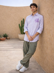 Mauve Stripe Cotton Satin Party Wear Shirt with Motif Embroidery
