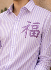 Mauve Stripe Cotton Satin Party Wear Shirt with Motif Embroidery