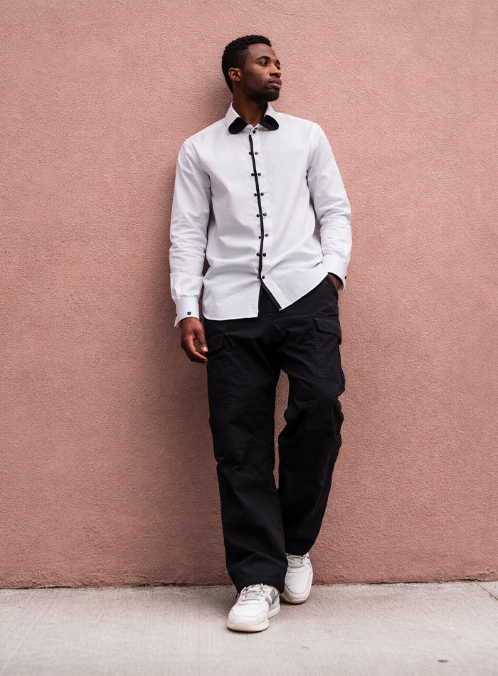 White Cotton Satin Lounge Shirt with Black Mix-Match Design
