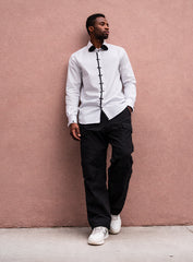 White Cotton Satin Lounge Shirt with Black Mix-Match Design
