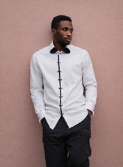 White Cotton Satin Lounge Shirt with Black Mix-Match Design