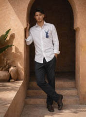 White Deer Embroidered Cotton Satin Lounge Shirt