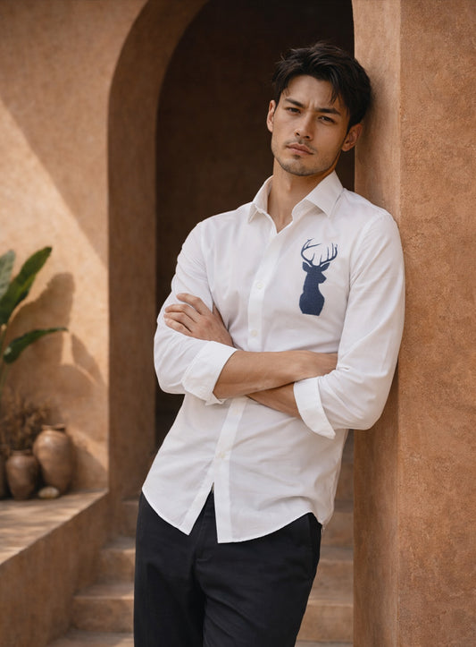 White Deer Embroidered Cotton Satin Lounge Shirt