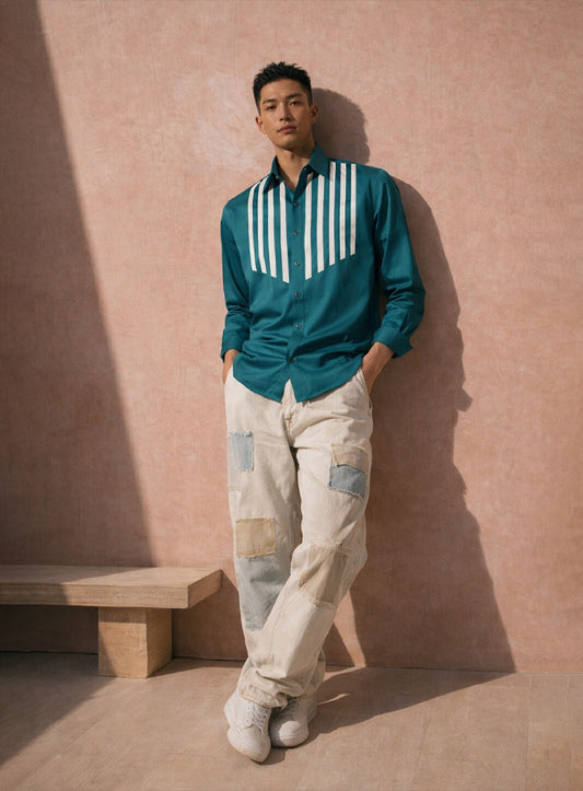 Turquoise Blue Cotton Satin Lounge Shirt with Mix-Match Design
