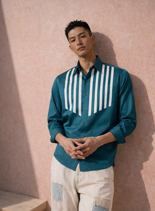 Turquoise Blue Cotton Satin Lounge Shirt with Mix-Match Design
