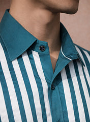 Turquoise Blue Cotton Satin Lounge Shirt with Mix-Match Design