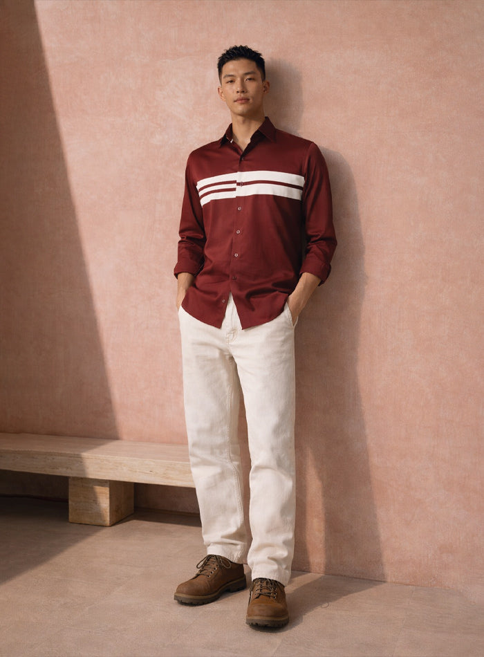 Wine Cotton Satin Lounge Shirt with Mix-Match Design