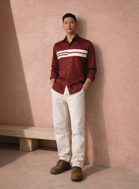 Wine Cotton Satin Lounge Shirt with Mix-Match Design
