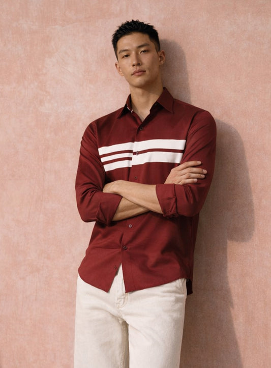 Wine Cotton Satin Lounge Shirt with Mix-Match Design
