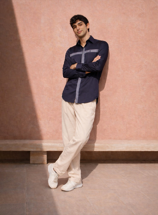 Blue Cotton Satin Lounge Shirt with Mix-Match Design Brooch Work on Chest