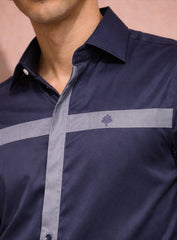 Blue Cotton Satin Lounge Shirt with Mix-Match Design Brooch Work on Chest