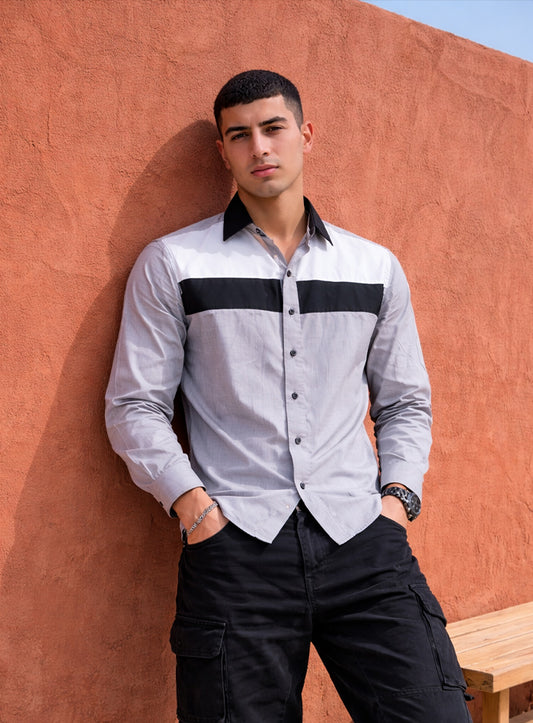 Light Grey Cotton Satin Party Wear Shirt with Mix-Match Design