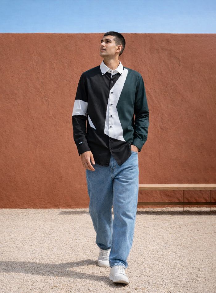 Black Cotton Satin Lounge Shirt with White & Green Mix-Match Design