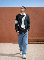 Black Cotton Satin Lounge Shirt with White & Green Mix-Match Design