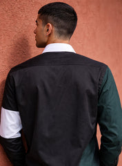 Black Cotton Satin Lounge Shirt with White & Green Mix-Match Design