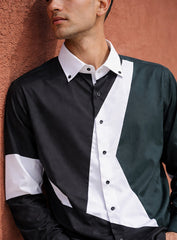 Black Cotton Satin Lounge Shirt with White & Green Mix-Match Design