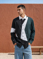 Black Cotton Satin Lounge Shirt with White & Green Mix-Match Design