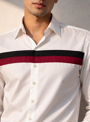 White Cotton Satin Lounge Shirt with Maroon & Black Horizontal Strips