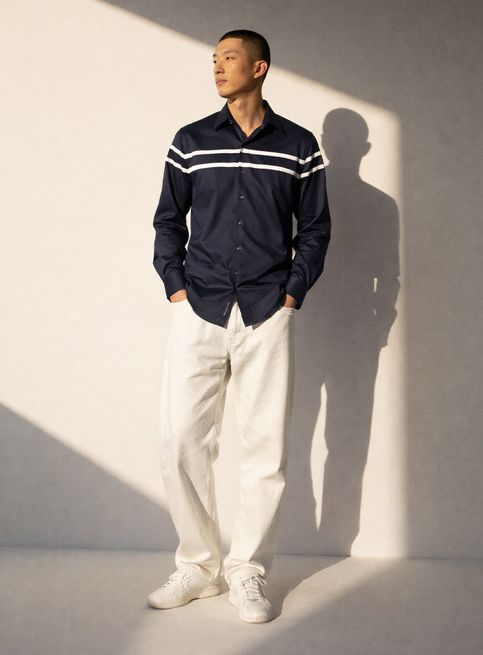 Dark Blue Cotton Satin Lounge Shirt with Two White Stripes