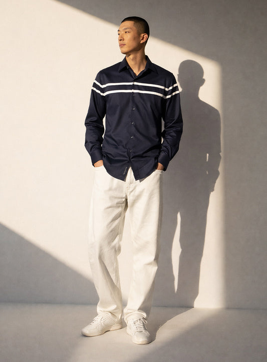 Dark Blue Cotton Satin Lounge Shirt with Two White Stripes