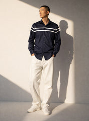 Dark Blue Cotton Satin Lounge Shirt with Two White Stripes