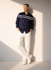 Dark Blue Cotton Satin Lounge Shirt with Two White Stripes