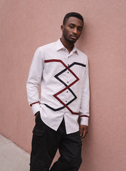 White Cotton Satin Lounge Shirt with Maroon & Black Mix Stripes Design
