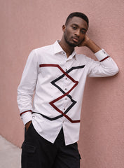 White Cotton Satin Lounge Shirt with Maroon & Black Mix Stripes Design