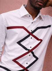 White Cotton Satin Lounge Shirt with Maroon & Black Mix Stripes Design