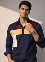 Dark Blue Cotton Satin Lounge Shirt with Mix-Match Design