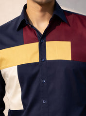 Dark Blue Cotton Satin Lounge Shirt with Mix-Match Design
